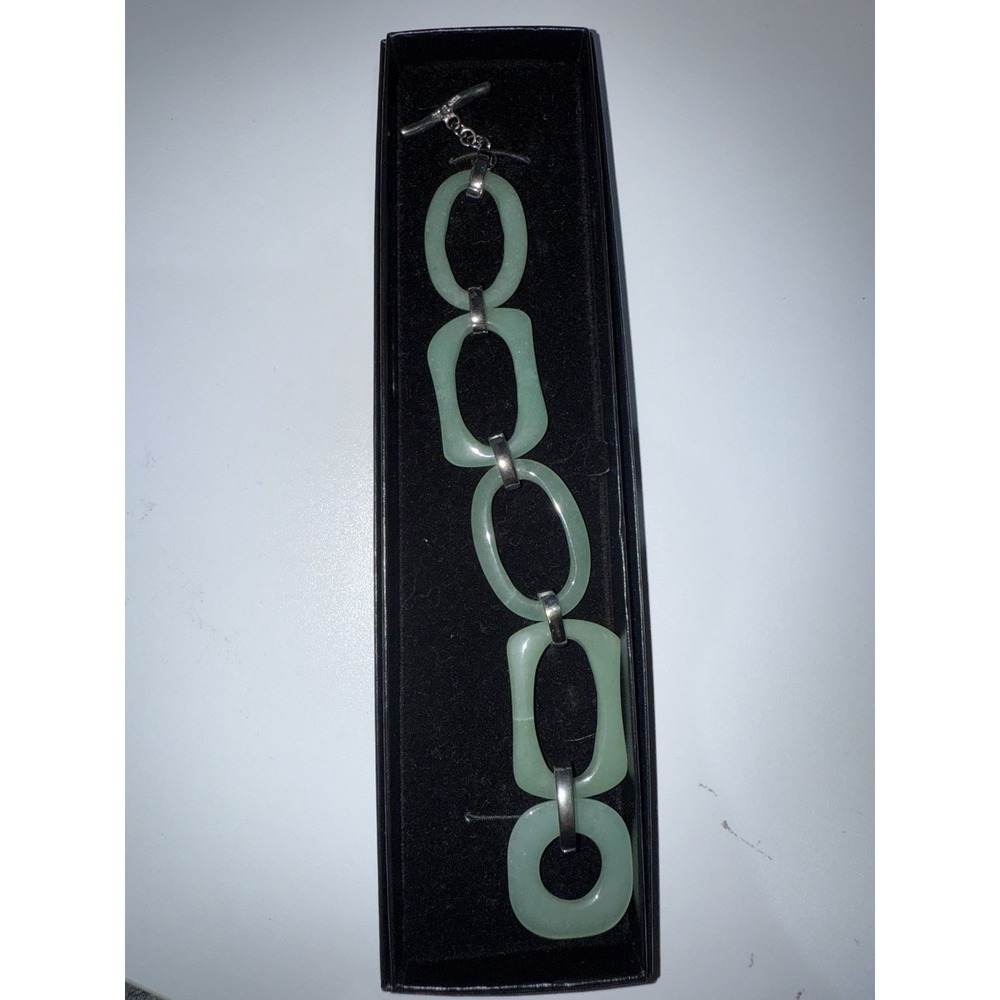 Vintage Sterling Silver Green Jade Peridot Link‎ Bracelet 8" Circle Rectangle